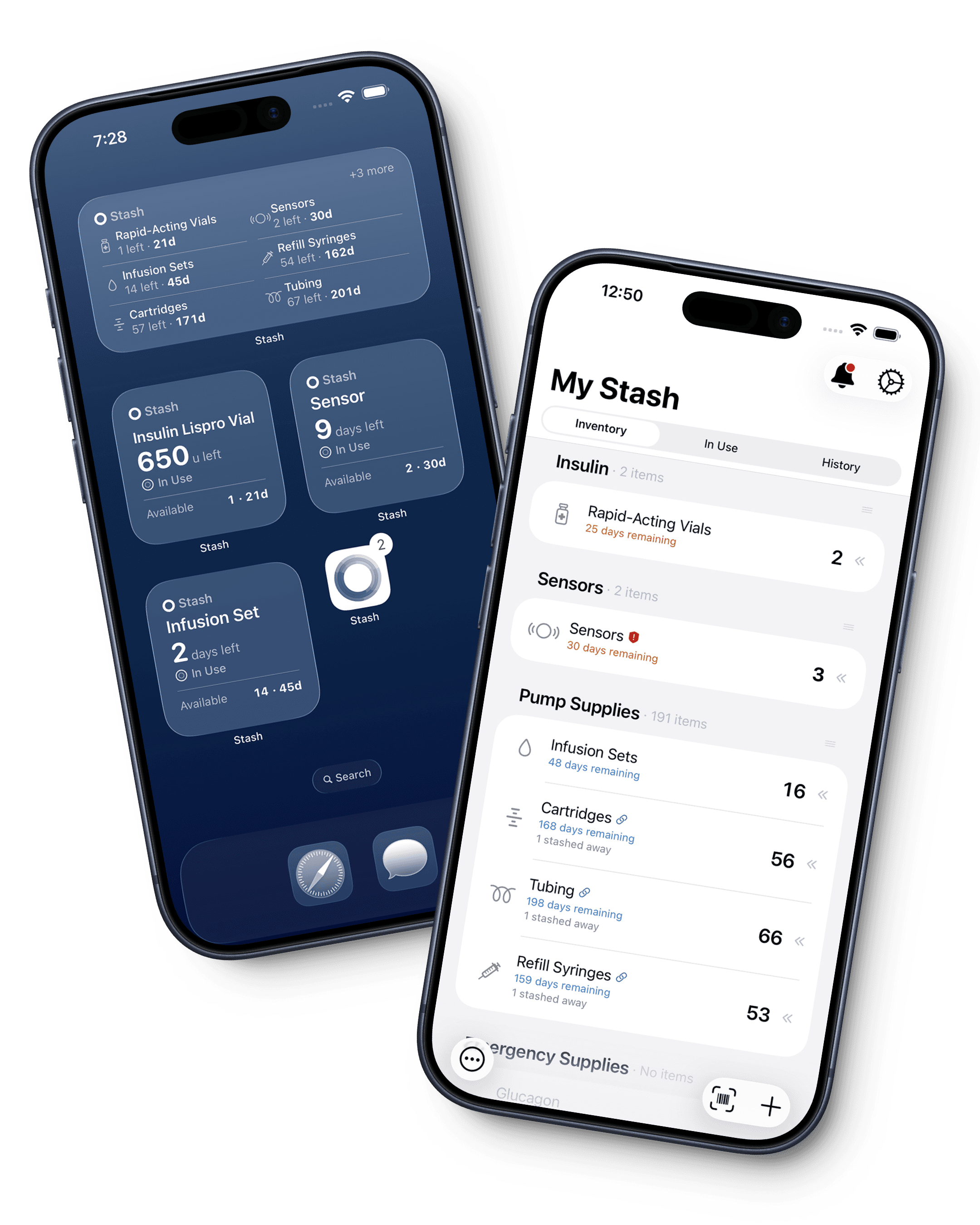Stash app on iPhone — home-screen widgets alongside the My Stash inventory view